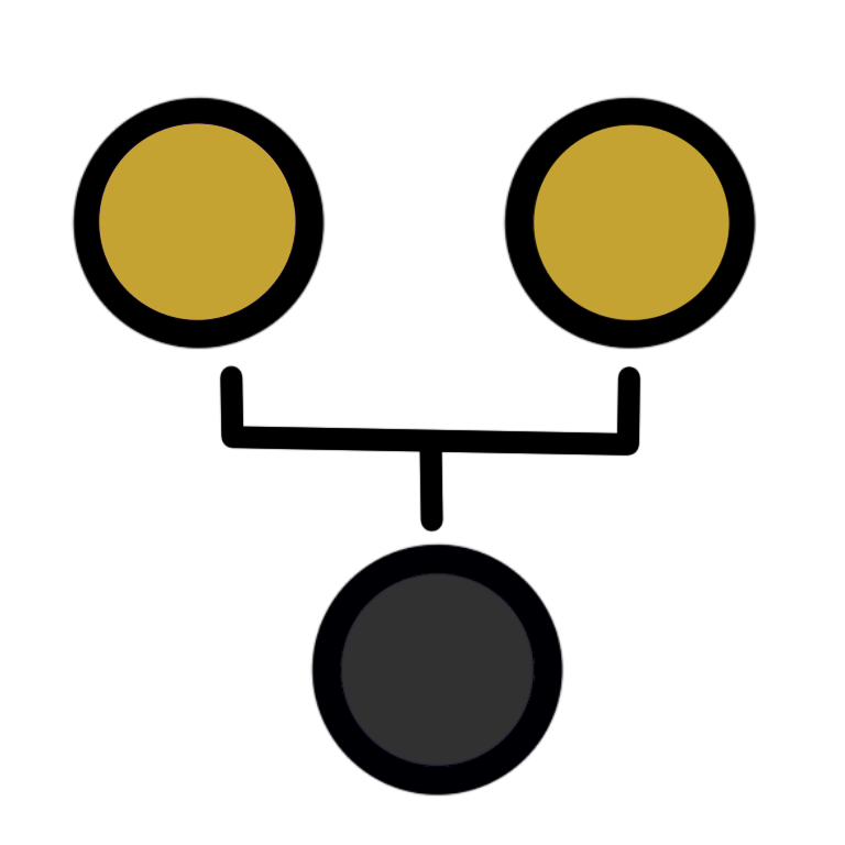 two circles connected by one line which branches and leads to another circle below them. The upper two circles are yellow and the bottom one is grey