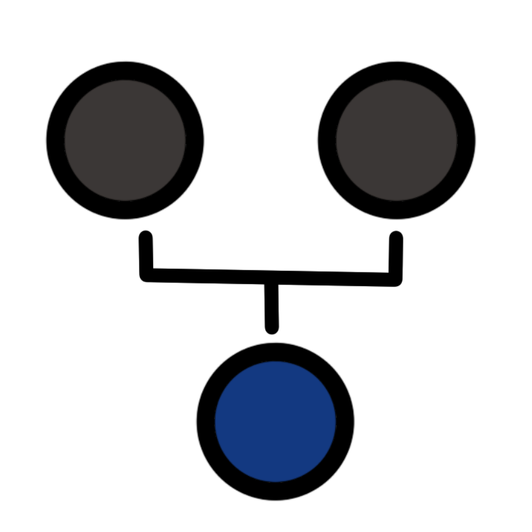 two circles connected by one line which branches and leads to another circle below them. The first two circles on top are grey and the circle on the bottom is blue