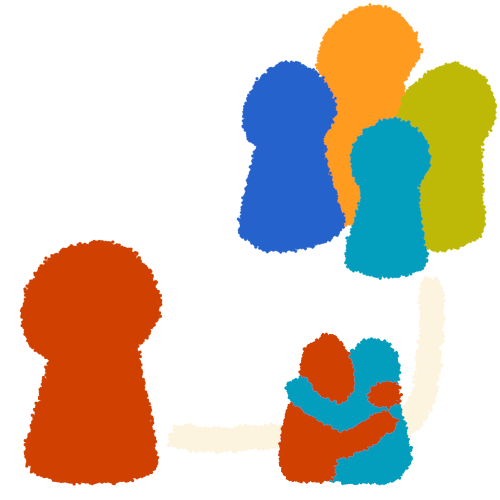 a red person-shaped blob and a family of blue, orange, green, and teal person-shaped blobs are joined by a line connecting them through 2 red & teal figures, who are embracing