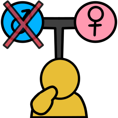 A blue circle with Mars symbol in it and pink circle with Venus symbol in it. The blue circle is crossed out. There's a line between the circles and extending down to a simplistic yellow figure pointed to themself.