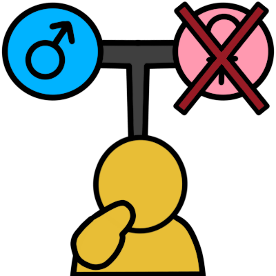 A blue circle with Mars symbol in it and pink circle with Venus symbol in it. The pink circle is crossed out. There's a line between the circles and extending down to a simplistic yellow figure pointed to themself.