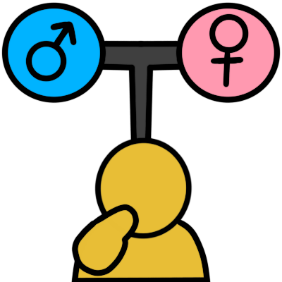 A blue circle with Mars symbol in it and pink circle with Venus symbol in it. There's a line between them and extending down to a simplistic yellow figure pointed to themself.