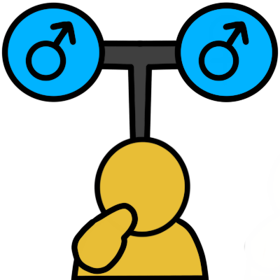 Two blue circles with Mars symbols in them. There's a line between them and extending down to a simplistic yellow figure pointed to themself.