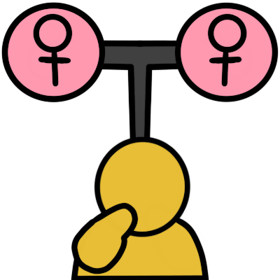 Two pink circles with Venus symbols in them. There's a line between them and extending down to a simplistic yellow figure pointed to themself.