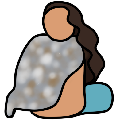 a figure with light brown skin and long, wavy dark brown hair, wearing a grey cloak patterned with white and brown like a sealskin. Behind them is a patch of blue, representing the sea.