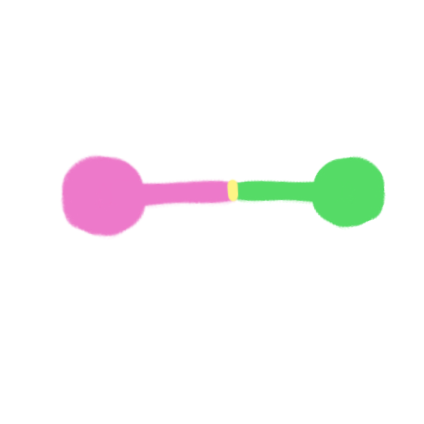 A pink circle and line connected to a green line and circle.