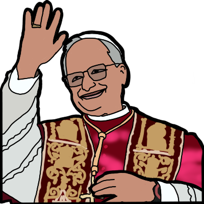 A portrait of Pope Leo XIV, based on his first public appearance. he is a waving, smiling man with glasses, short silver hair, and light brown skin. he is wearing white, red and gold vestments.
