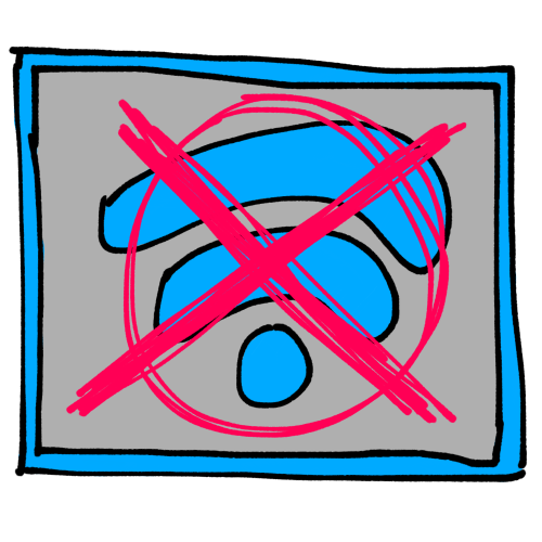 A drawing of a tablet with the wifi symbol on it, which is crossed out.