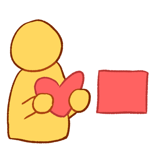 A drawing of a person holding a heart towards a pink square.