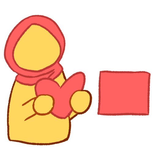 A drawing of a person wearing a hijab holding a heart towards a pink square.