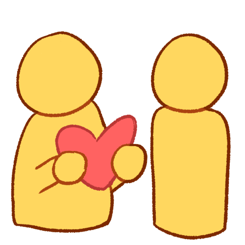  A drawing of a person holding a heart towards another person.