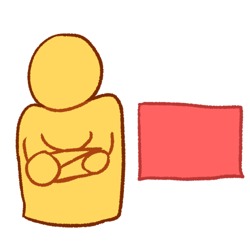 A drawing of a person crossing their arms and facing away from a pink square.