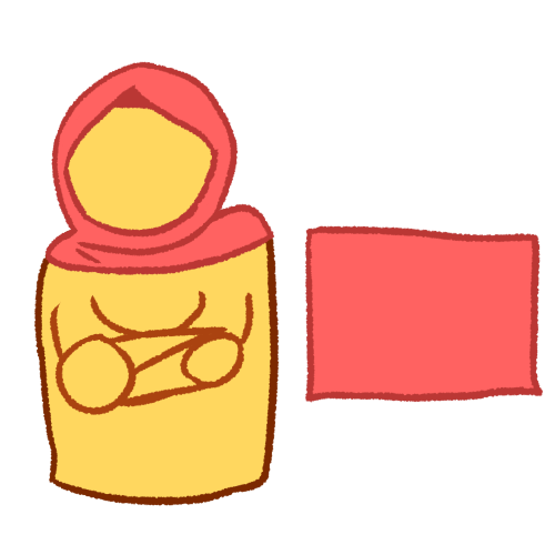 A drawing of a person wearing a hijab crossing their arms and facing away from a pink square.