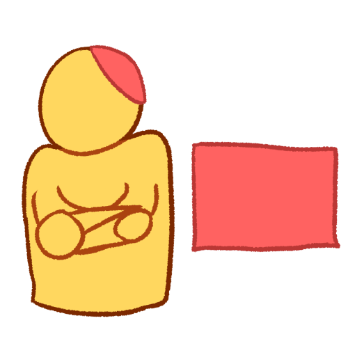 A drawing of a person wearing a kippah crossing their arms and facing away from a pink square.