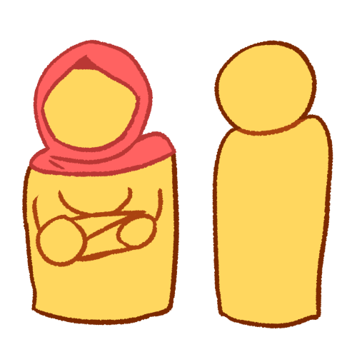 A drawing of a person wearing a hijab crossing their arms and facing away from another person.