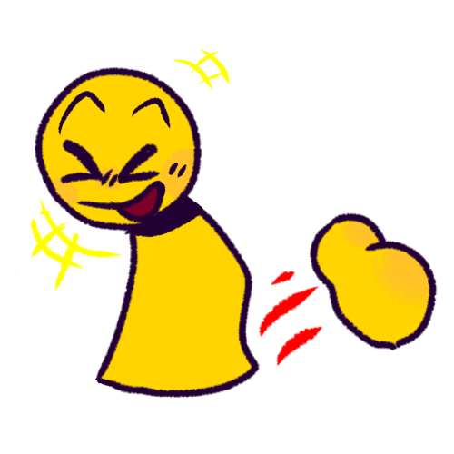 A drawing of a simplified yellow person happily laughing as their butt flies off of them, separated from their body. 