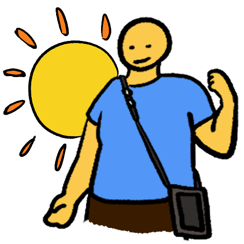 a smiling, fat emoji yellow figure wearing a blue shirt, dark brown pants or skirt and an AAC device.they are in front of a shining sun, and have one arm raised beside their shoulder, the hand curled up.