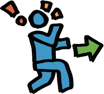 a blue person with a red exclamation mark and orange emphasis marks above their head, running to the right. In front of them is a green arrow like an emergency exit sign, indicating that they’re moving in that direction.