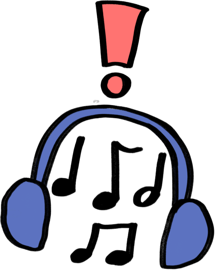 blue headphones with music notes between them and a red exclamation mark above them, indicating a need.