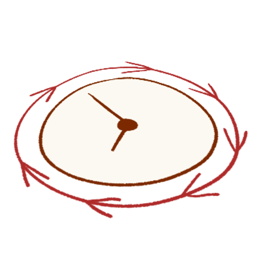 A drawing of a clock, viewed at an angle that makes it appear flat. There is a red circle going around it with several clockwise arrows.