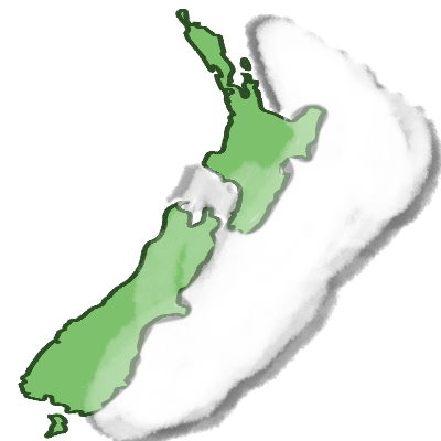 the outline of Aotearoa, also known as 'New Zealand,' coloured in green, with a long white cloud on the right of it. It partially covers the land, and is somewhat transparent where they overlap. Aotearoa is literally the 'land of the long white cloud'.