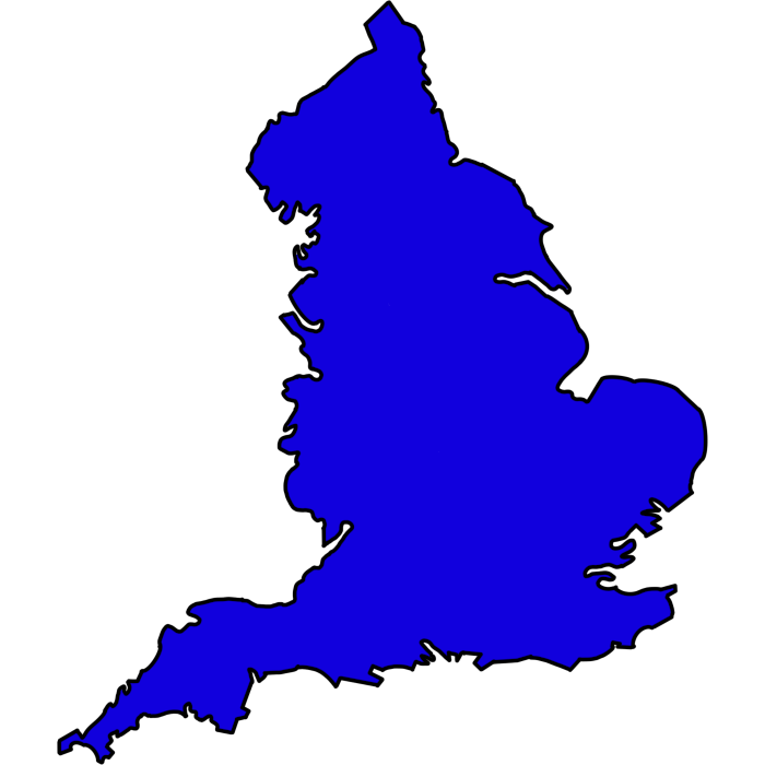  A drawing of England. England is colored bright blue