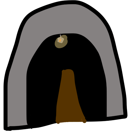  the entrance to a mine, with a dark brown path leading into the depths and a tiny lantern hanging from the ceiling.