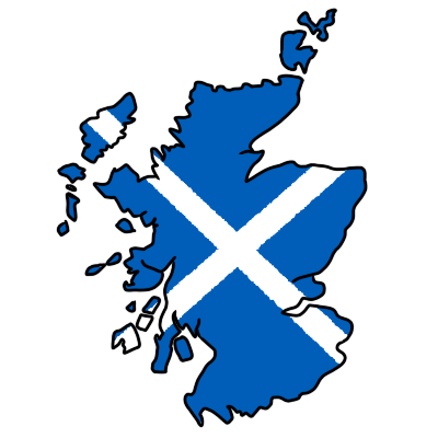 The shape of Scotland, coloured with the flag of Scotland.