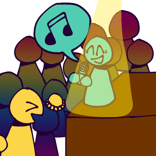 A drawing of a teal person on a stage lit with a spotlight singing into a microphone. There is a crowd around the stage, with one yellow person cheering