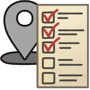 A to-do list with several boxes in front of the location symbol, some of them checked off with a red checkmark.