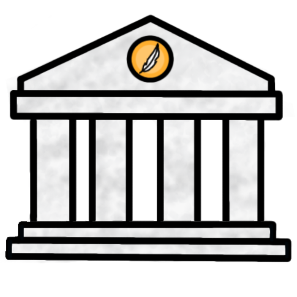  a marble building in the style of an ancient Greek building. It has four pillars and a triangular roof. On the front of the roof is a gold seal with a feather in the middle.