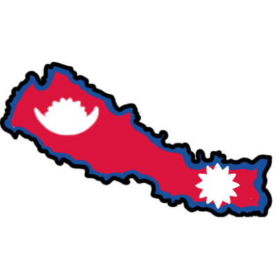 The shape of the country Nepal, coloured like its flag (red with a blue outline, and two white symbols inside it)