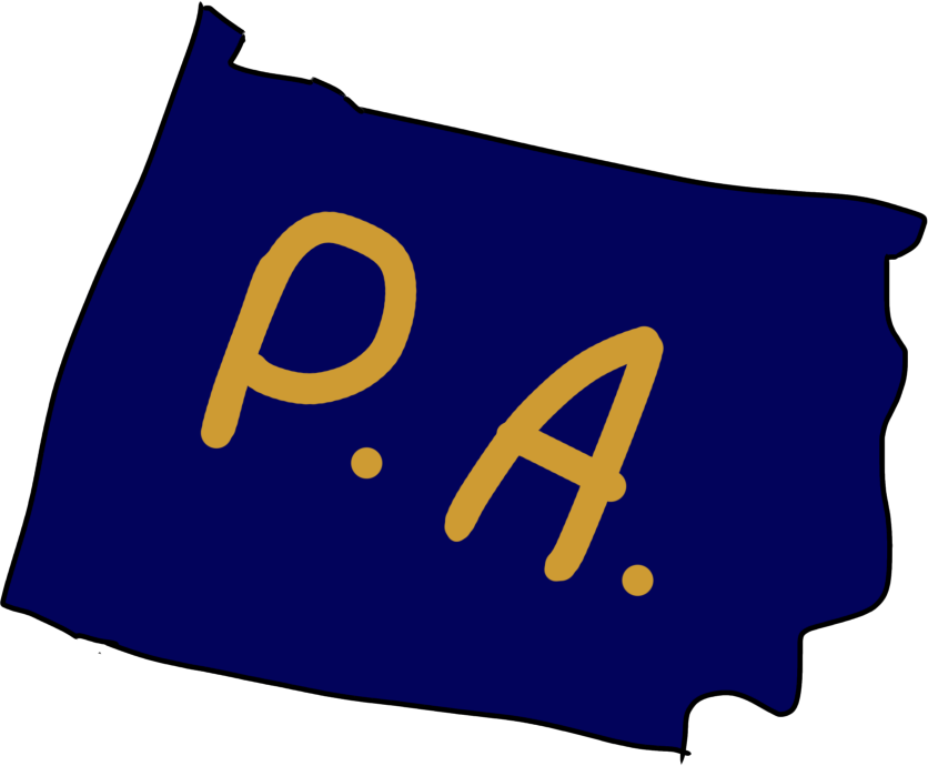 a dark blue outline of the state of Pennsylvania with the letters P A in gold on it.