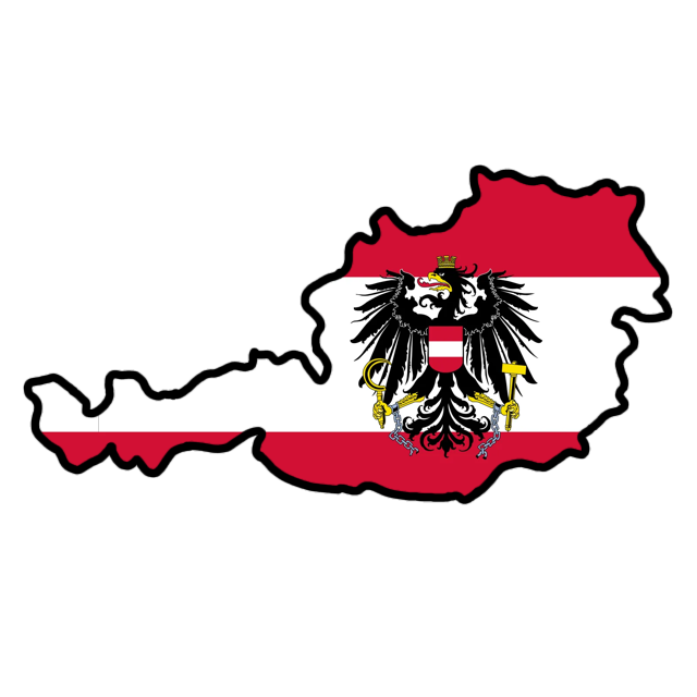 The shape of the country of Austria colored in three stripes from top to bottom red, white, and red. In the center is a large black bird with a shield in the same colors as the country.
