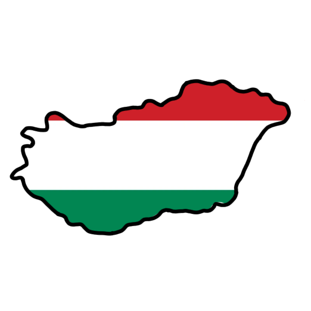 The shape of the country of Hungary color in three stripes from top to bottom red, white, and green.