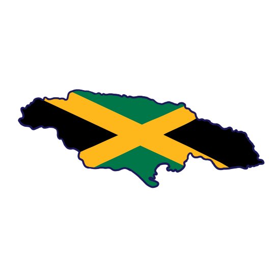 The shape of the coutnry of Jamaica colored with the flag of Jamaica.