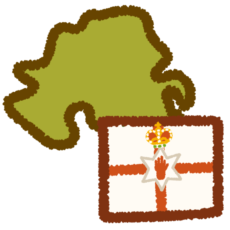 a green shape of the country of northern ireland, with the ulster banner flag. the interior flag design is outlined in white