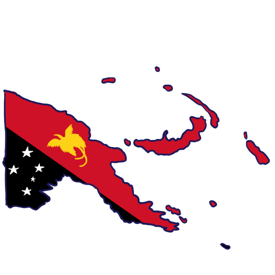The shape of the country of Papua New Guinea colored with the flag of Papua New Guinea.