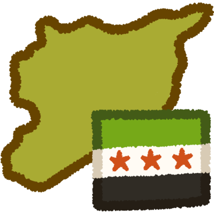 a green shape of the country of syria, with the syrian flag