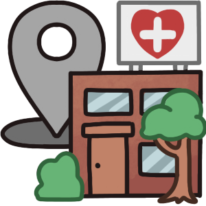 A brown building with a sign on top that has a heart overlaid with a white cross, to cover both physical and emotional/mental therapy. There’s a tree and a bush in front of it. Behind and to the side of it is a large grey location symbol.