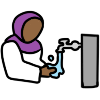 someone with brown skin wearing a purple hijab and white other clothing washing their hands at a tap.