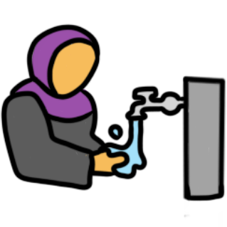 someone with emoji yellow skin wearing a purple hijab and grey other clothing washing their hands at a tap.