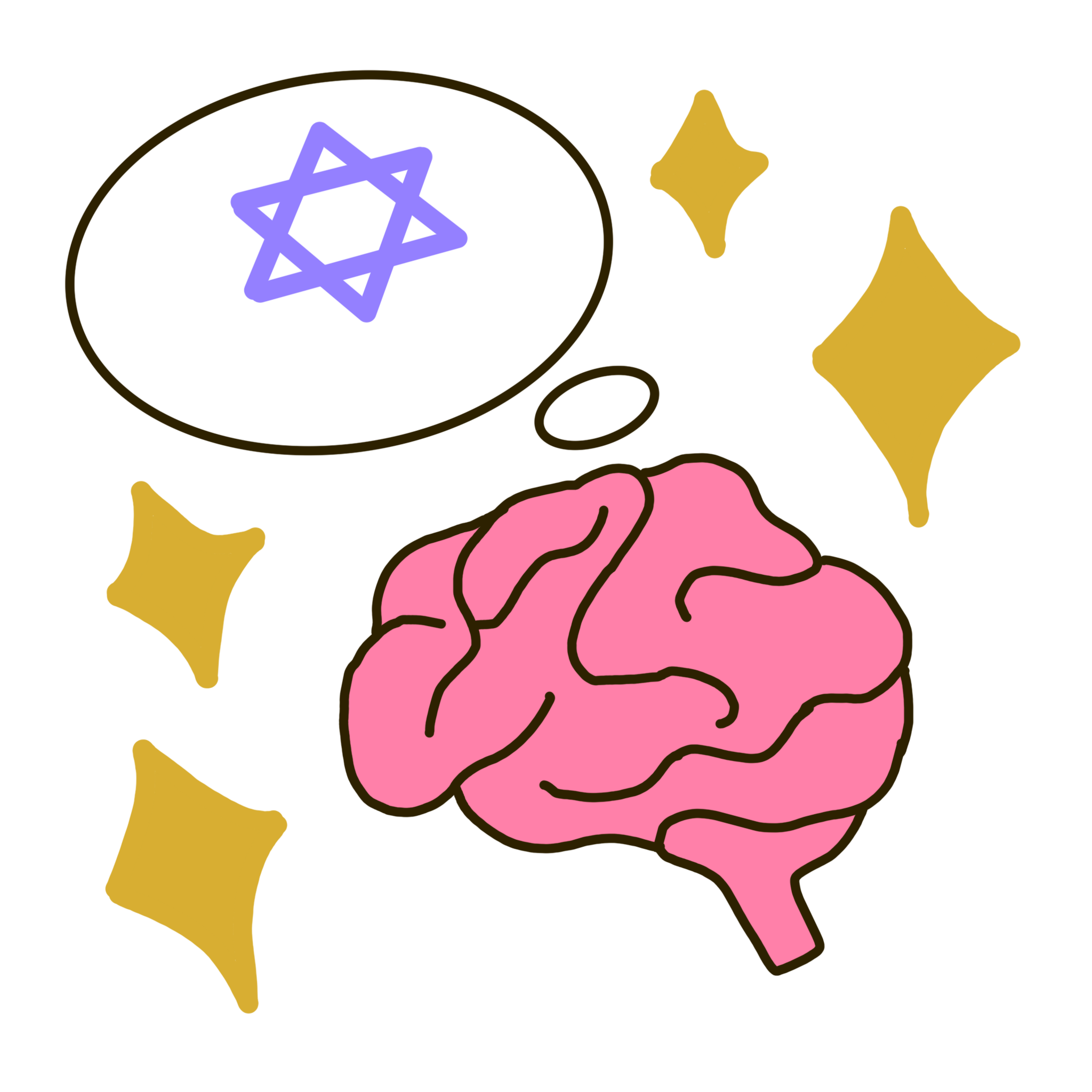 A drawing of a brain with a thought bubble coming from it. Inside of the thought bubble is a light blue Magen David. The brain and thought bubble are surrounded by sparkles