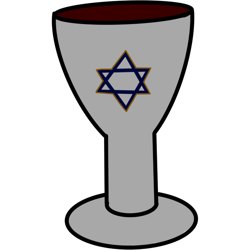 A short silver cup with a Magen David on it. The Magen David is dark blue and outlined in gold. The cup has dark red wine in it.