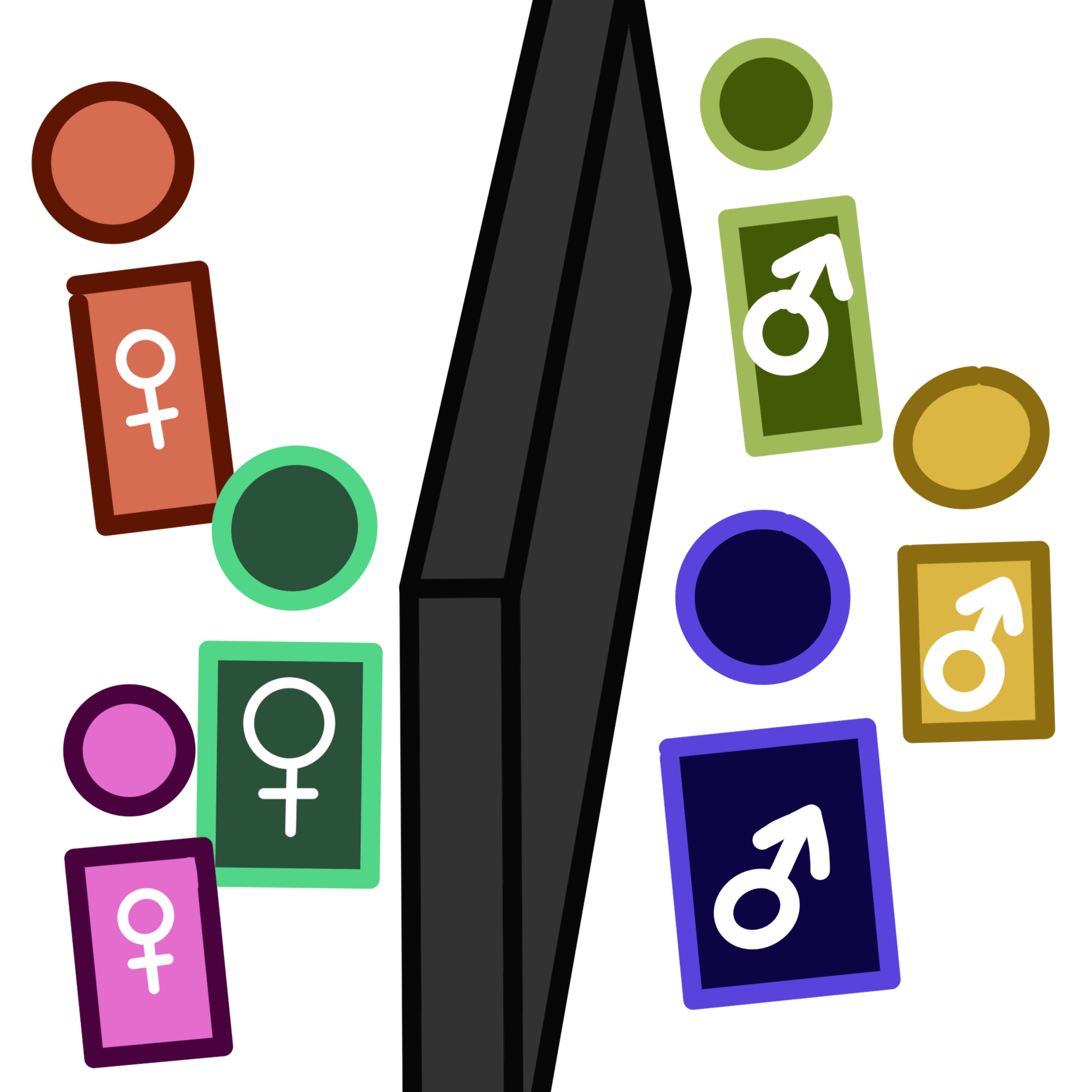 A drawing of two groups of people separated by a barrier. One side is a group of people with the male/boy symbol on their chest and the other side has a group of people with the female/girl symbol on their chest