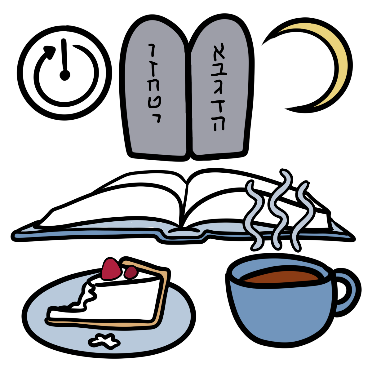 a thin light yellow crescent moon, gray stone tablets with hebrew letters aleph through yud, a clock with arrow all the way around, an open book, a slice of cheesecake, and a blue mug of steaming coffee.