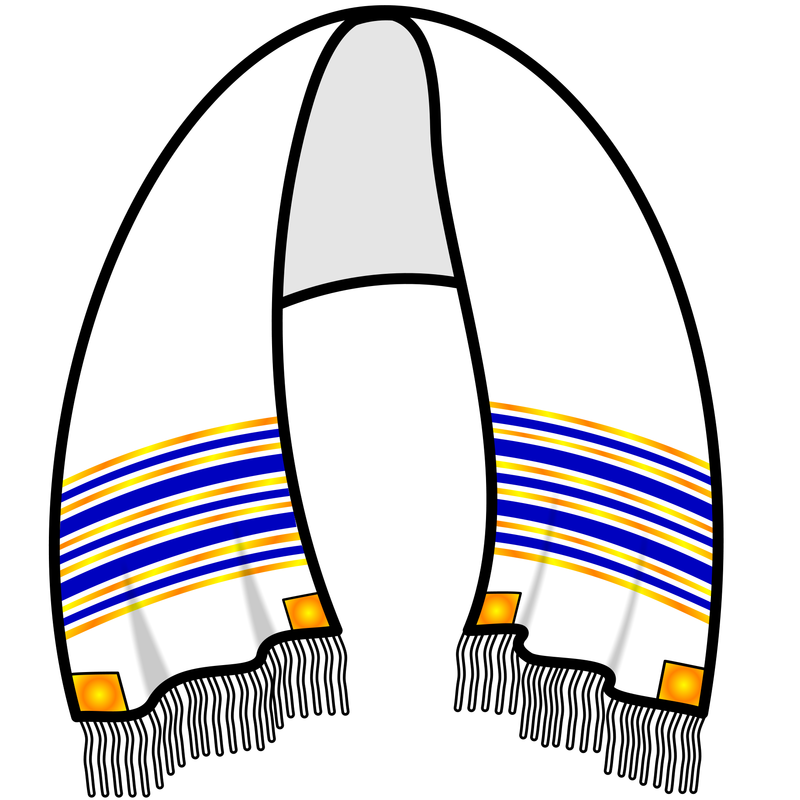a tallit with gold and blue stripes.