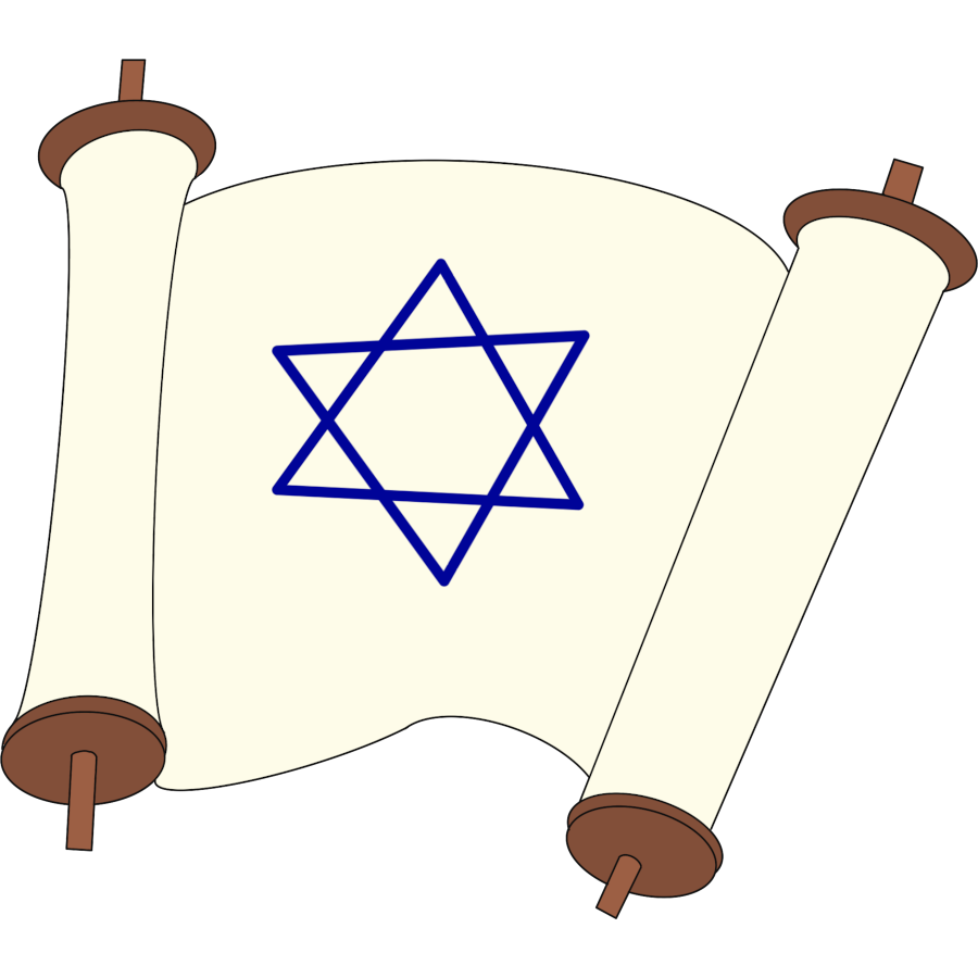 A drawing of partially unrolled scroll of white paper with wooden handles to hold it on the top and bottom of the unrolled parts of the scroll. In the middle of the scroll is a blue Magen David.