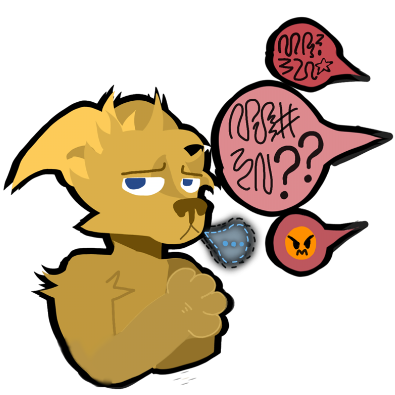  on the left is a yellow wolf with its ears back looking upset, it has a blue dashed speech bubble with "..." on the right there are three speech bubbles in different shades of red, with scribbles for text, question marks, and an angry face