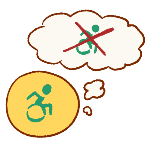 A drawing of an emoji yellow person with a green disability symbol on their head. They are thinking a thought bubble which contains the disability symbol with a large red X over it.